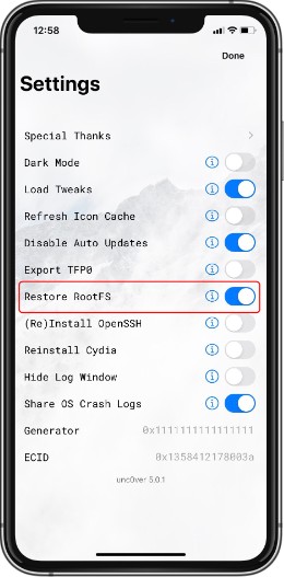 选择【Restore RootFS】