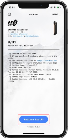 蓝色越狱按钮会显示“Restore RootFS”